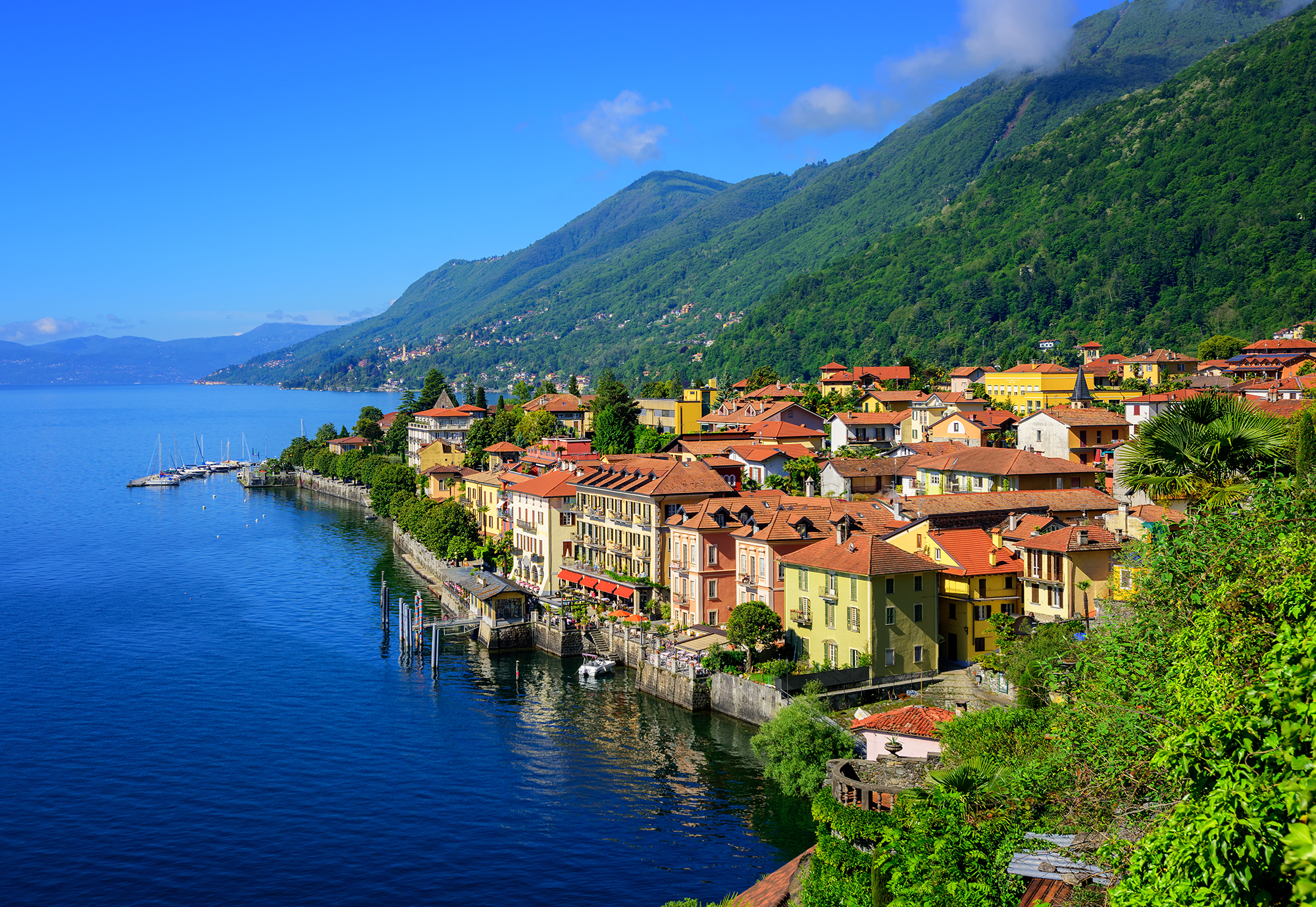 Historical tourist resort town Cannero Riviera on Lago Maggiore lake, Alps mountains, Italy